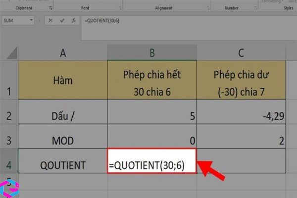 Hàm chia trong Excel