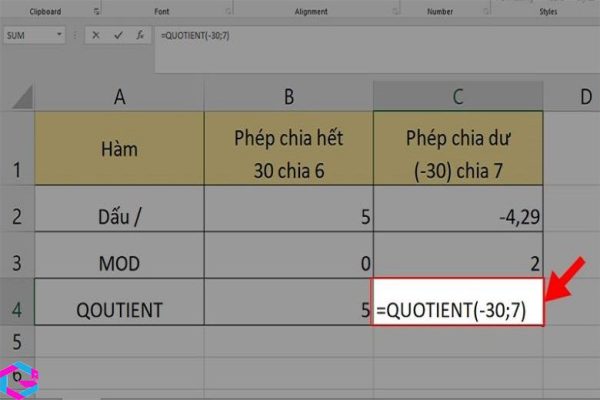 Hàm chia trong Excel